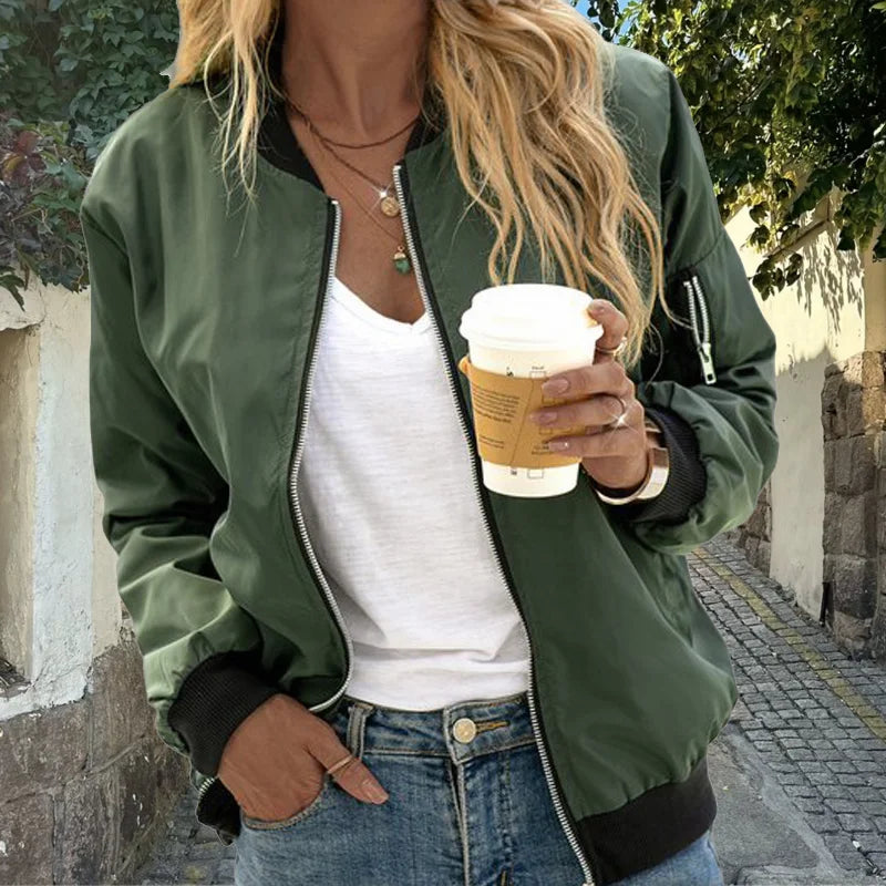 Women Solid Color Zipper Pocket Thin Bomber Jacket