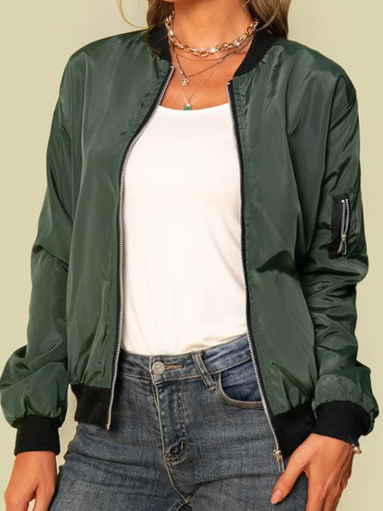 Women Solid Color Zipper Pocket Thin Bomber Jacket