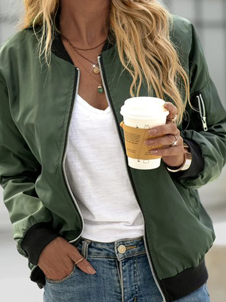 Women Solid Color Zipper Pocket Thin Bomber Jacket