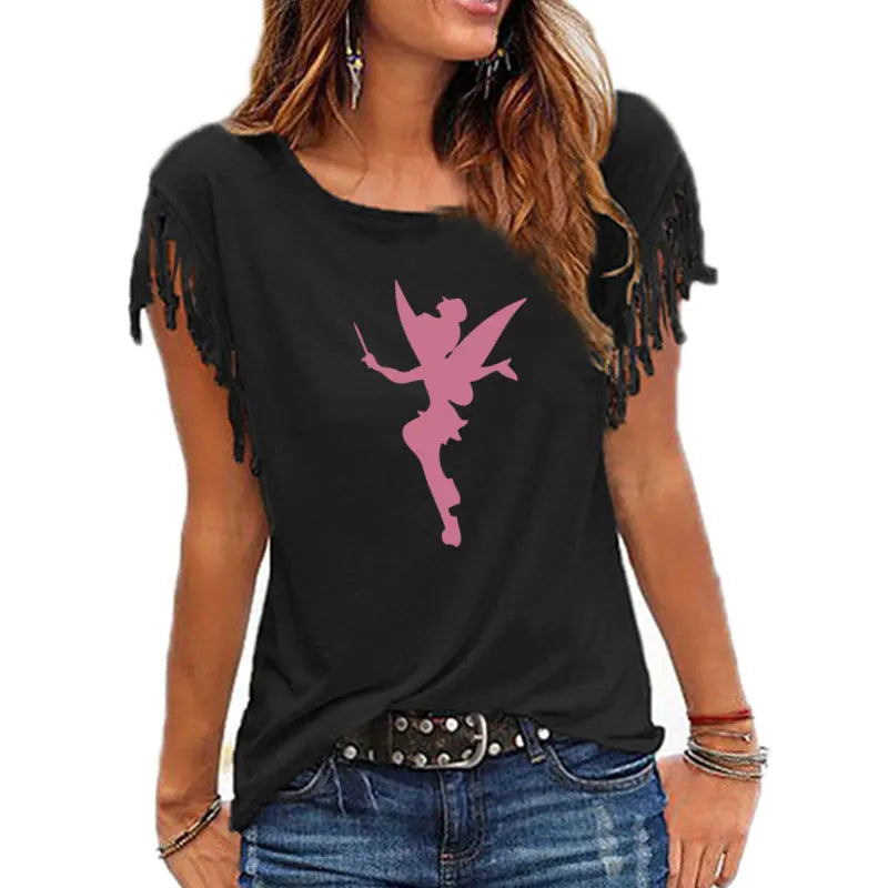 Cartoon Fairy Women Cotton Tassel T-shirt