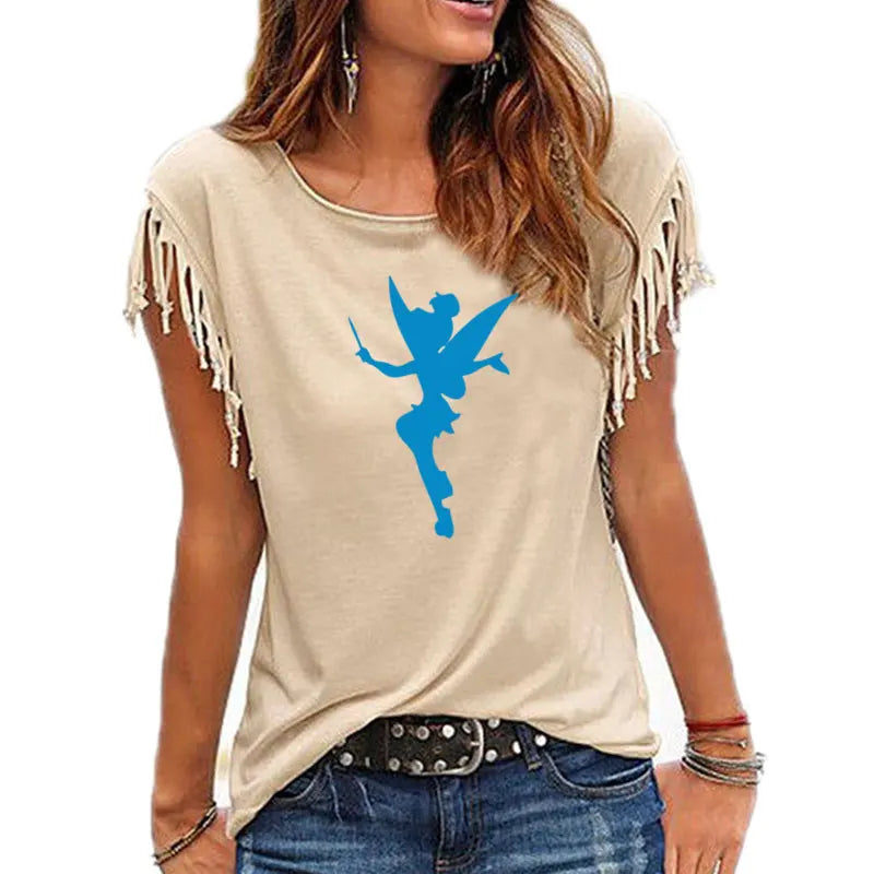 Cartoon Fairy Women Cotton Tassel T-shirt