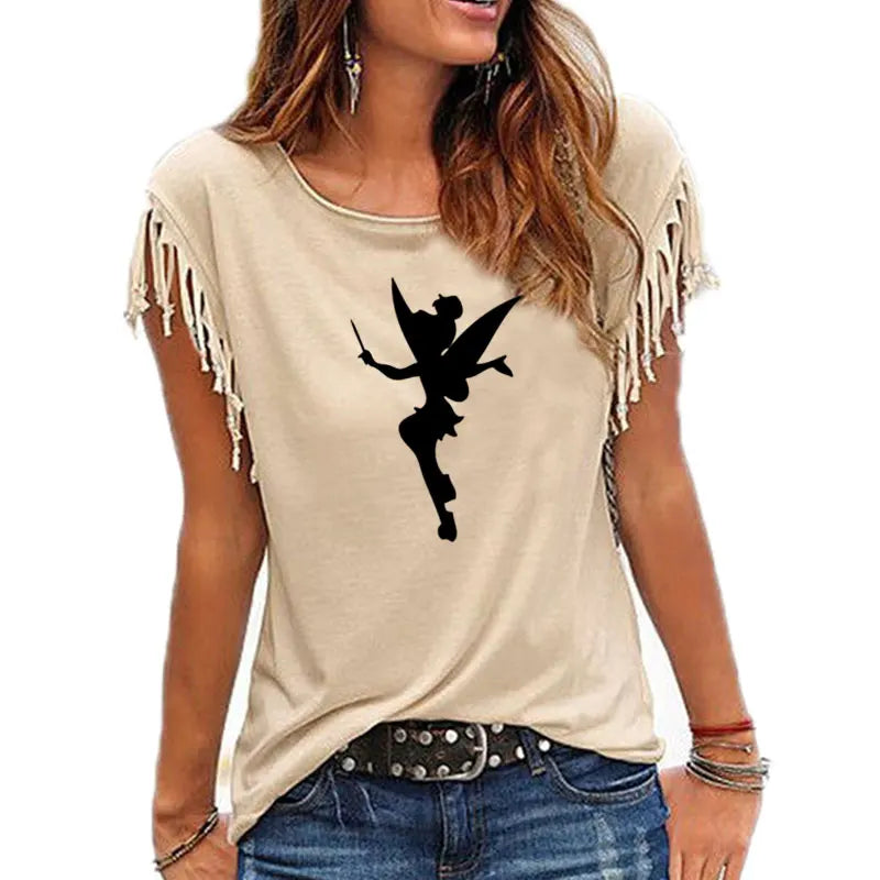 Cartoon Fairy Women Cotton Tassel T-shirt