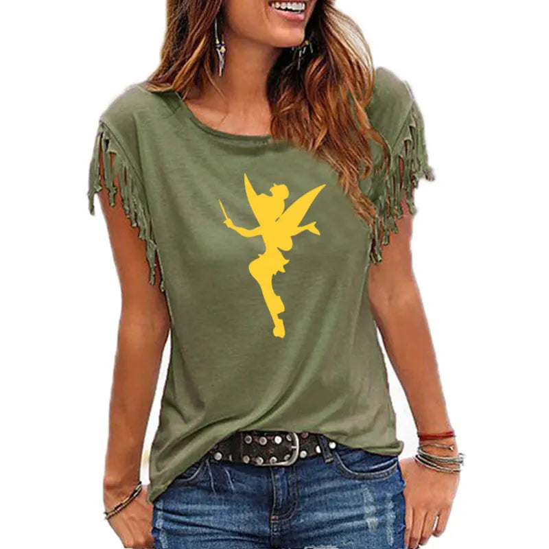 Cartoon Fairy Women Cotton Tassel T-shirt