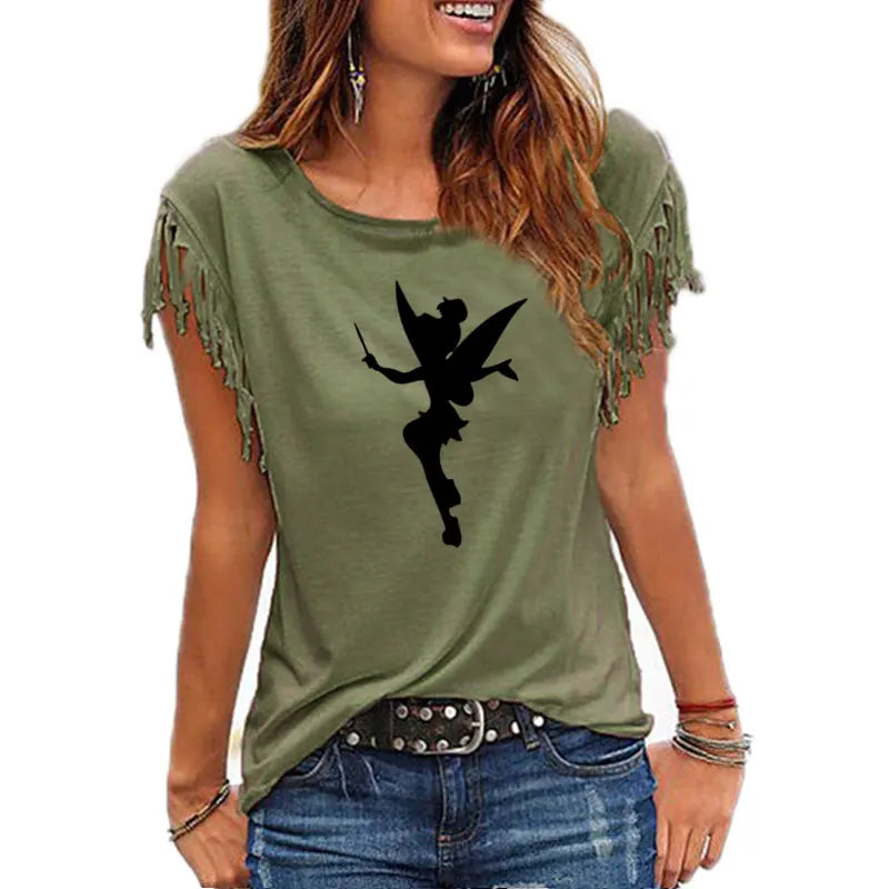 Cartoon Fairy Women Cotton Tassel T-shirt