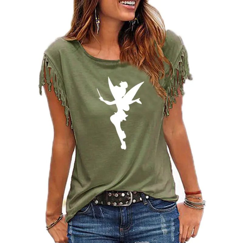 Cartoon Fairy Women Cotton Tassel T-shirt