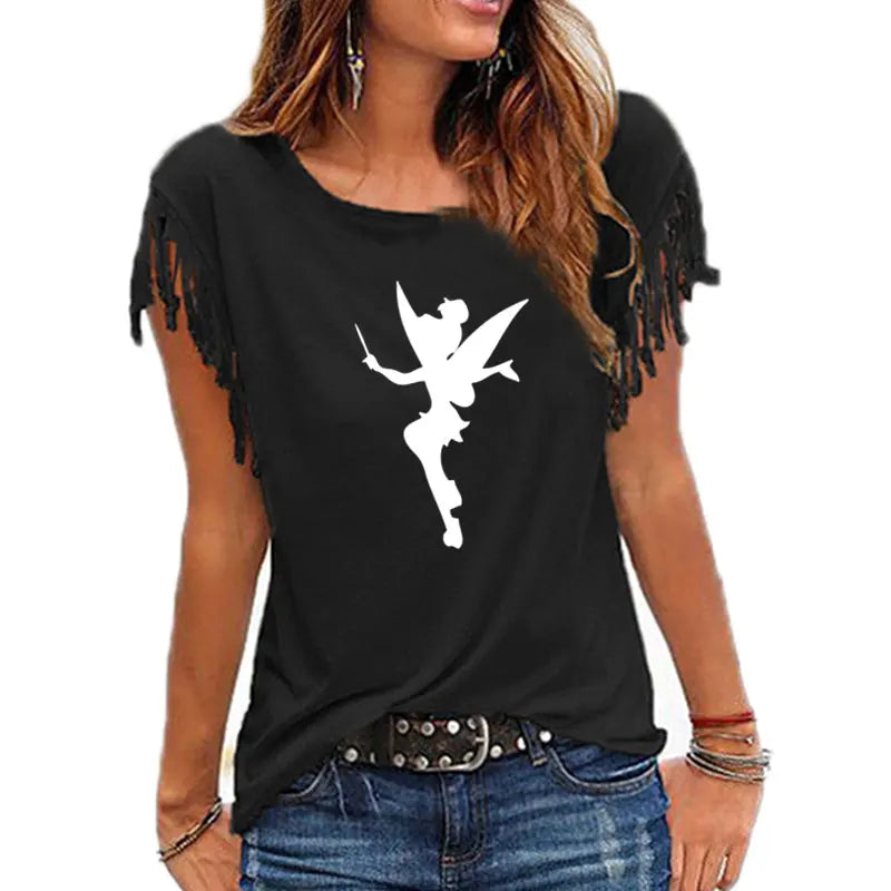 Cartoon Fairy Women Cotton Tassel T-shirt