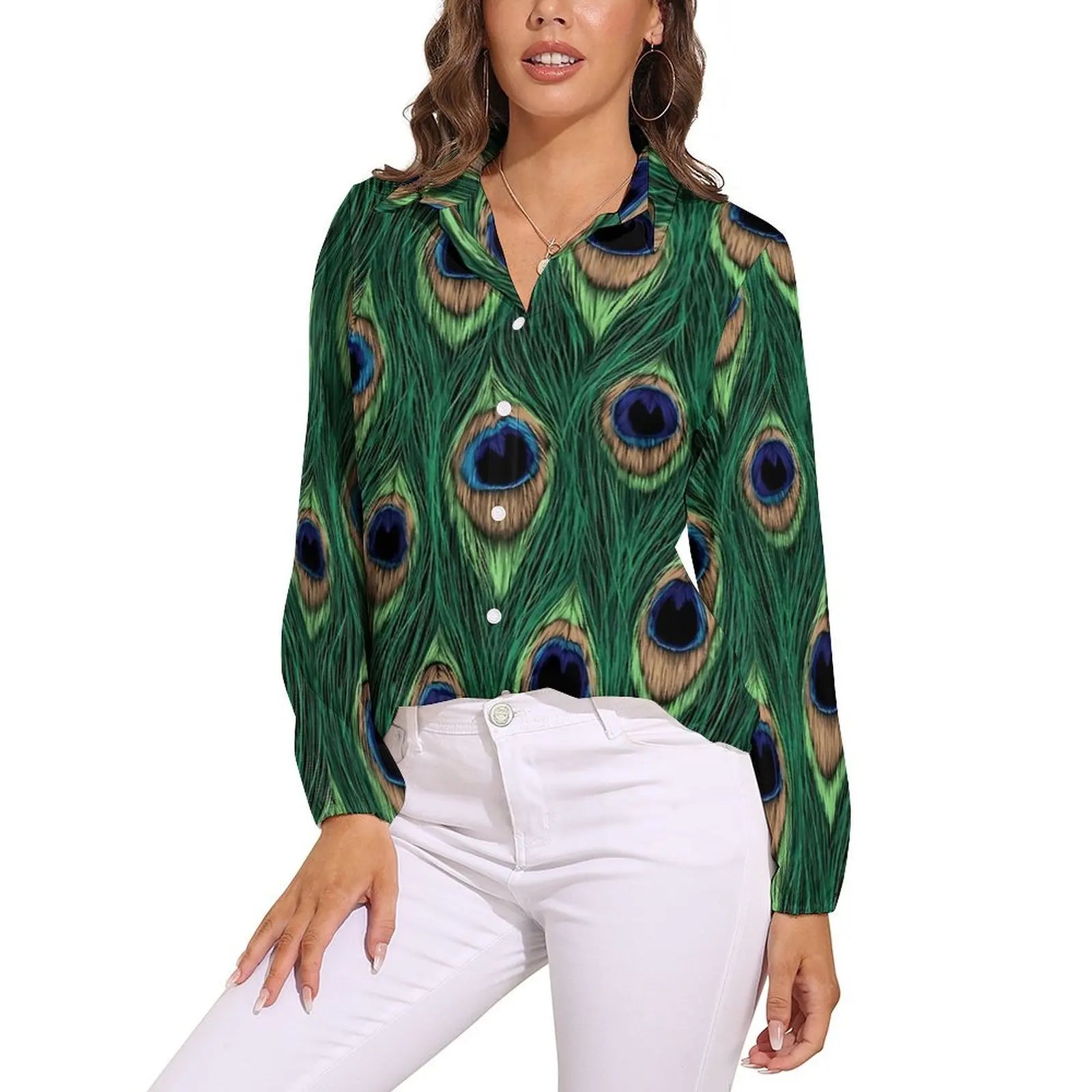 Colorful Peacock Blouse Long Sleeve Green Gold Black Aesthetic Blouses Women Casual Oversize Shirt Custom Clothes Gift