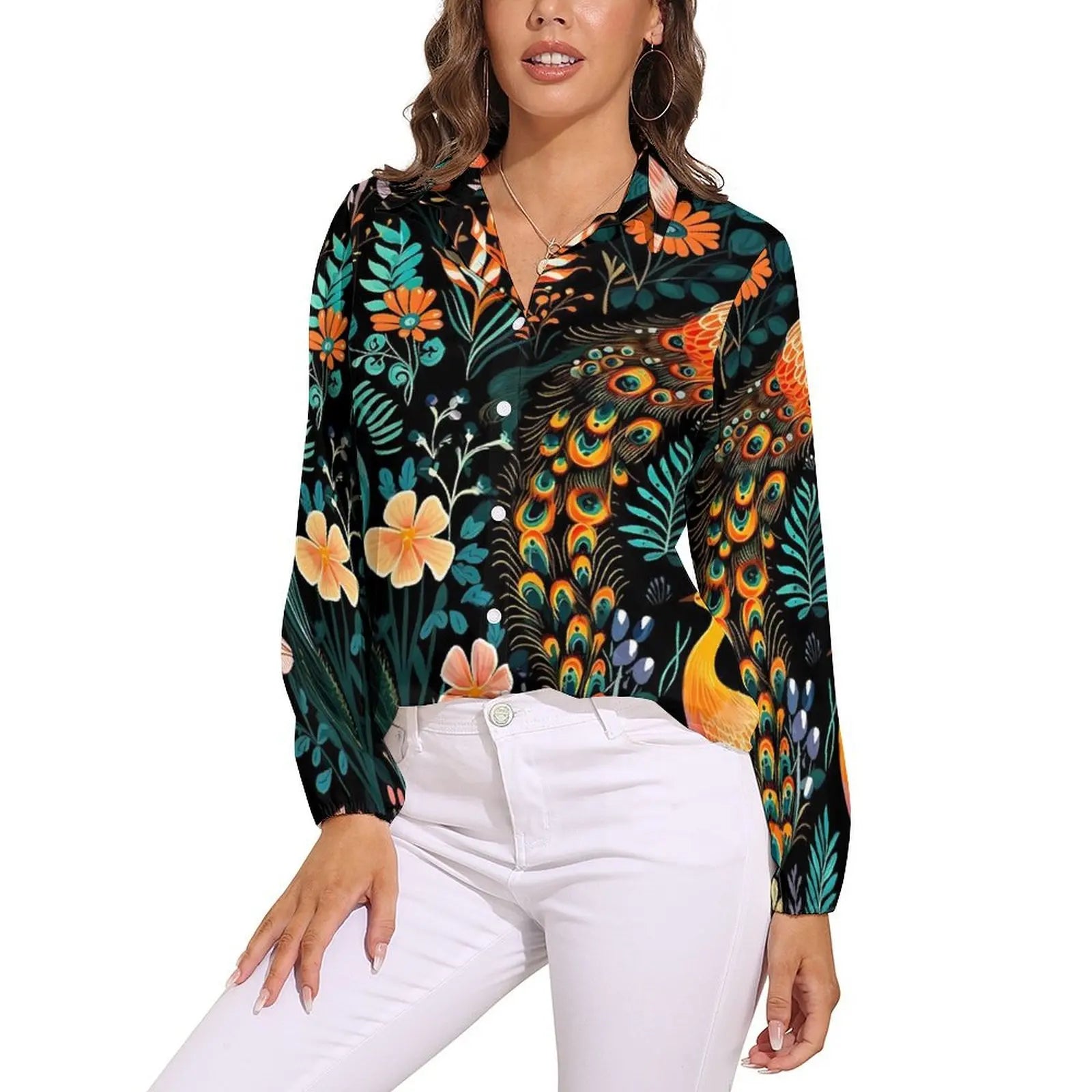 Colorful Peacock Blouse Long Sleeve Green Gold Black Aesthetic Blouses Women Casual Oversize Shirt Custom Clothes Gift