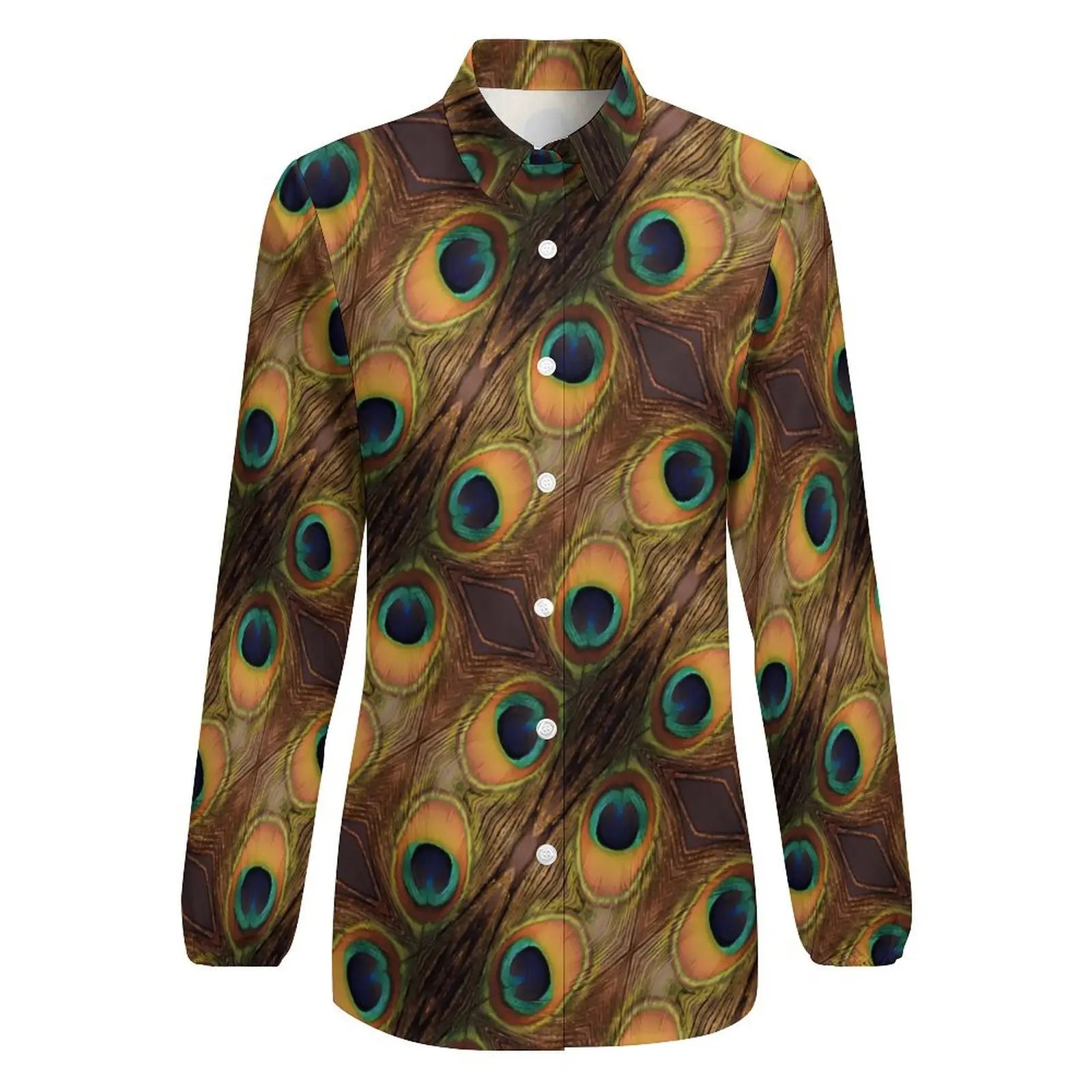 Colorful Peacock Blouse Long Sleeve Green Gold Black Aesthetic Blouses Women Casual Oversize Shirt Custom Clothes Gift