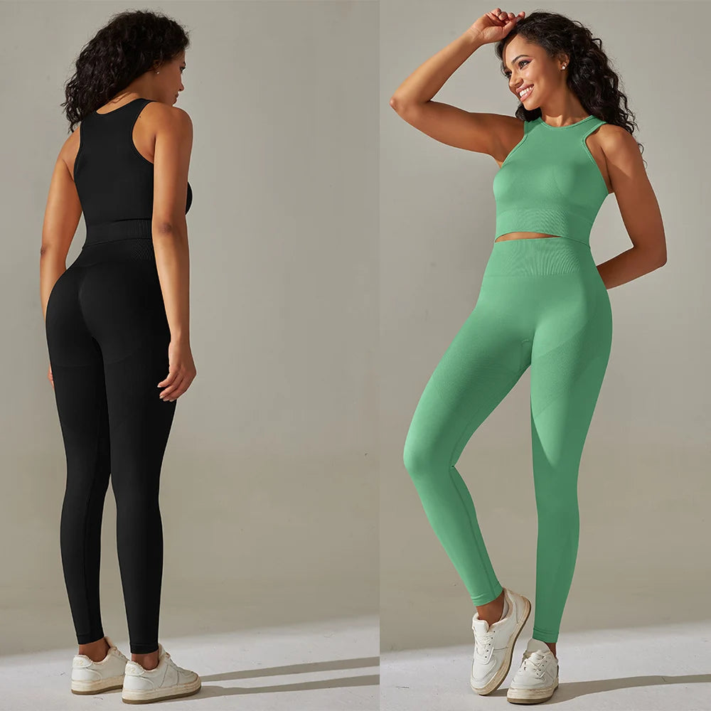 2PC Seamless Yoga Sleeveless Top High Waist Yoga Pants