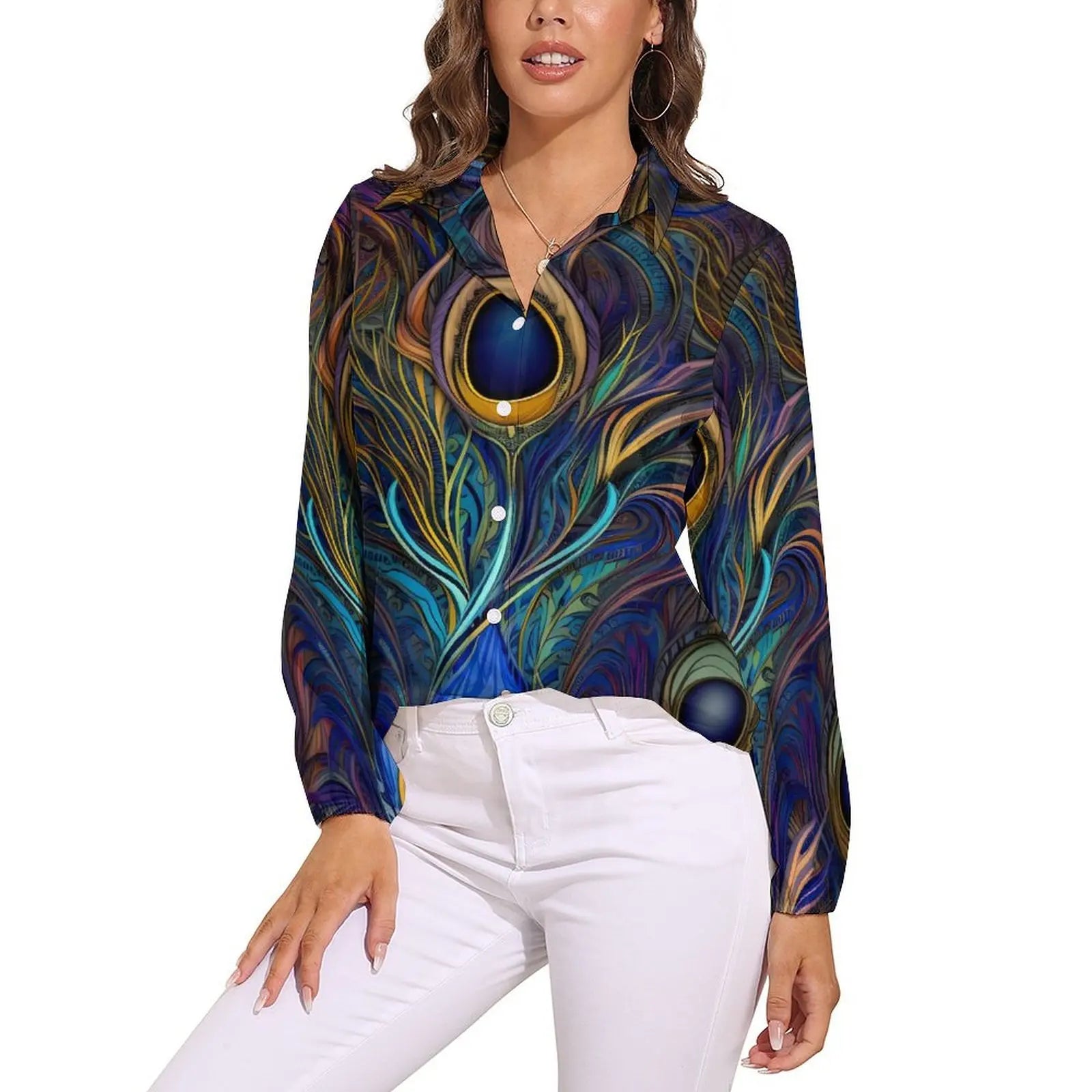 Colorful Peacock Blouse Long Sleeve Green Gold Black Aesthetic Blouses Women Casual Oversize Shirt Custom Clothes Gift