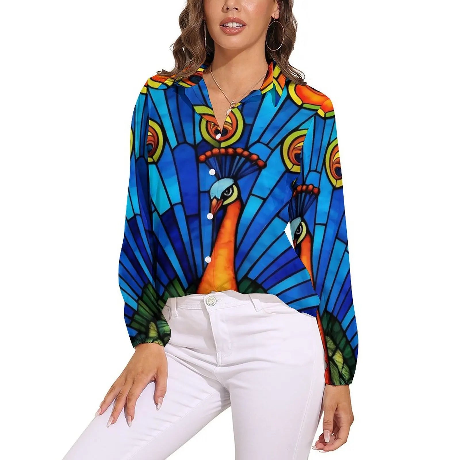 Colorful Peacock Blouse Long Sleeve Green Gold Black Aesthetic Blouses Women Casual Oversize Shirt Custom Clothes Gift