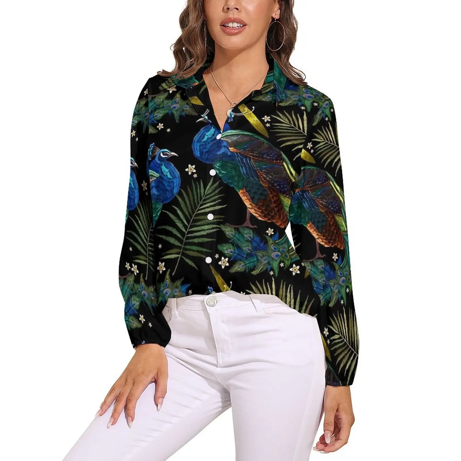 Colorful Peacock Blouse Long Sleeve Green Gold Black Aesthetic Blouses Women Casual Oversize Shirt Custom Clothes Gift