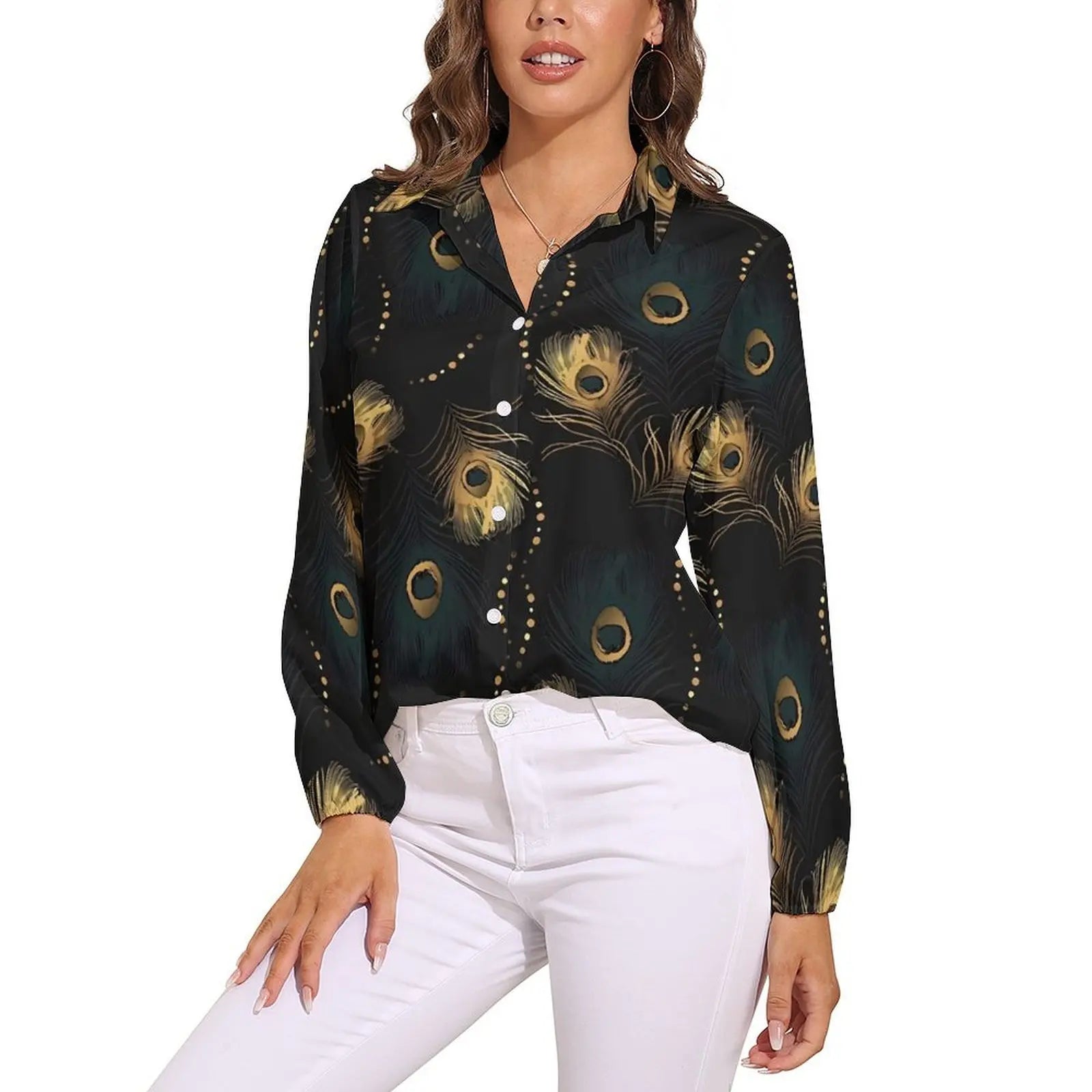 Colorful Peacock Blouse Long Sleeve Green Gold Black Aesthetic Blouses Women Casual Oversize Shirt Custom Clothes Gift