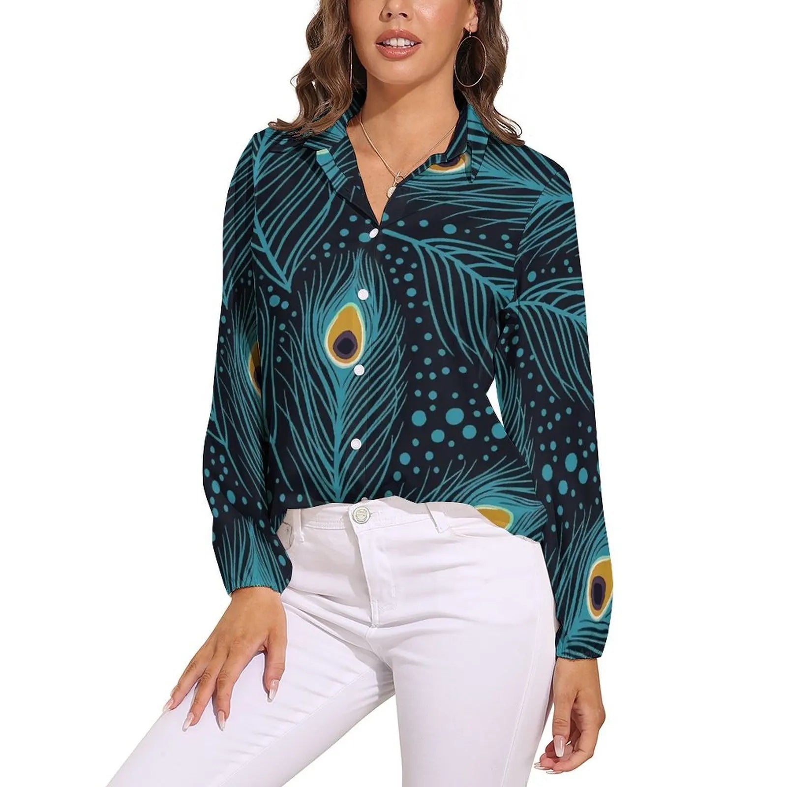 Colorful Peacock Blouse Long Sleeve Green Gold Black Aesthetic Blouses Women Casual Oversize Shirt Custom Clothes Gift