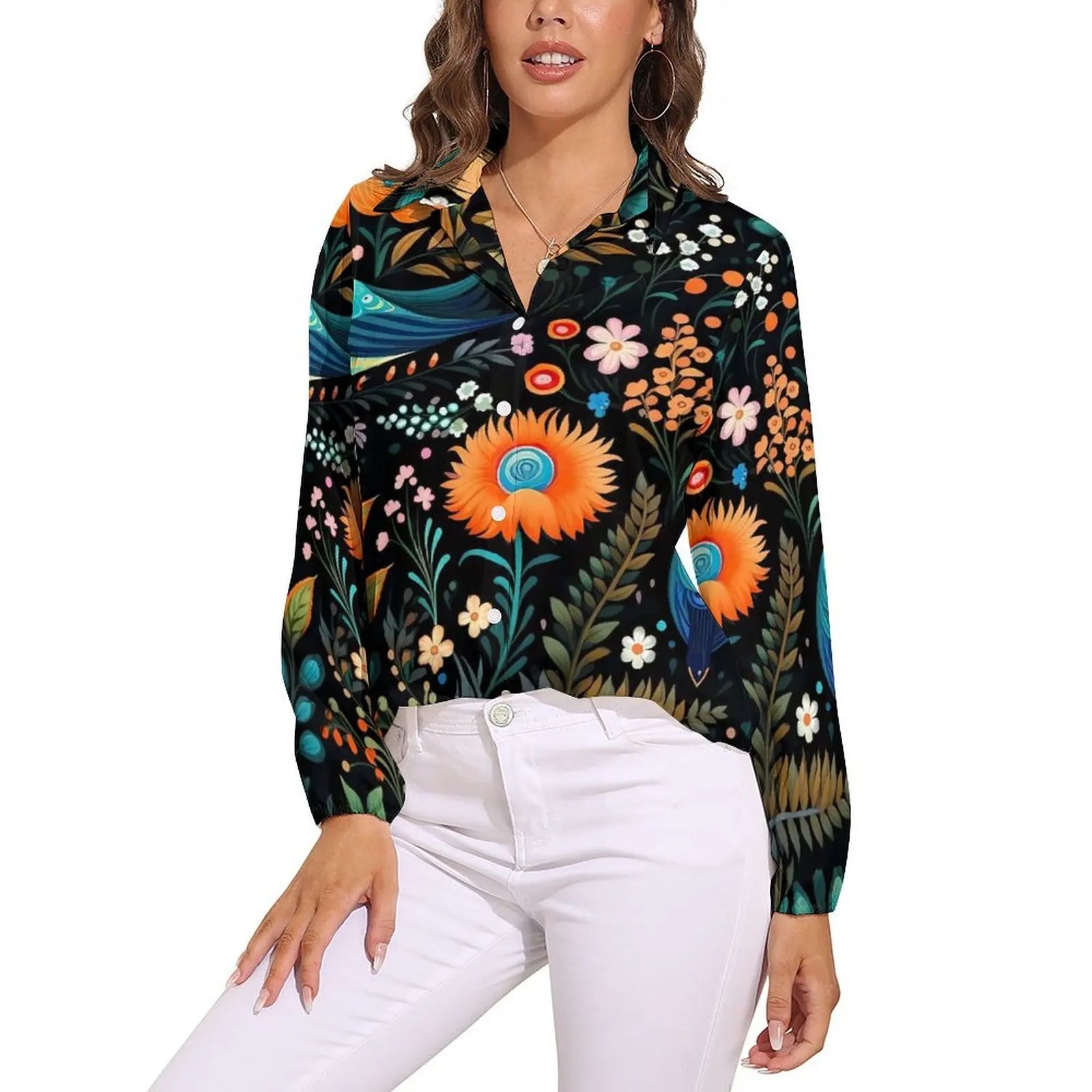 Colorful Peacock Blouse Long Sleeve Green Gold Black Aesthetic Blouses Women Casual Oversize Shirt Custom Clothes Gift