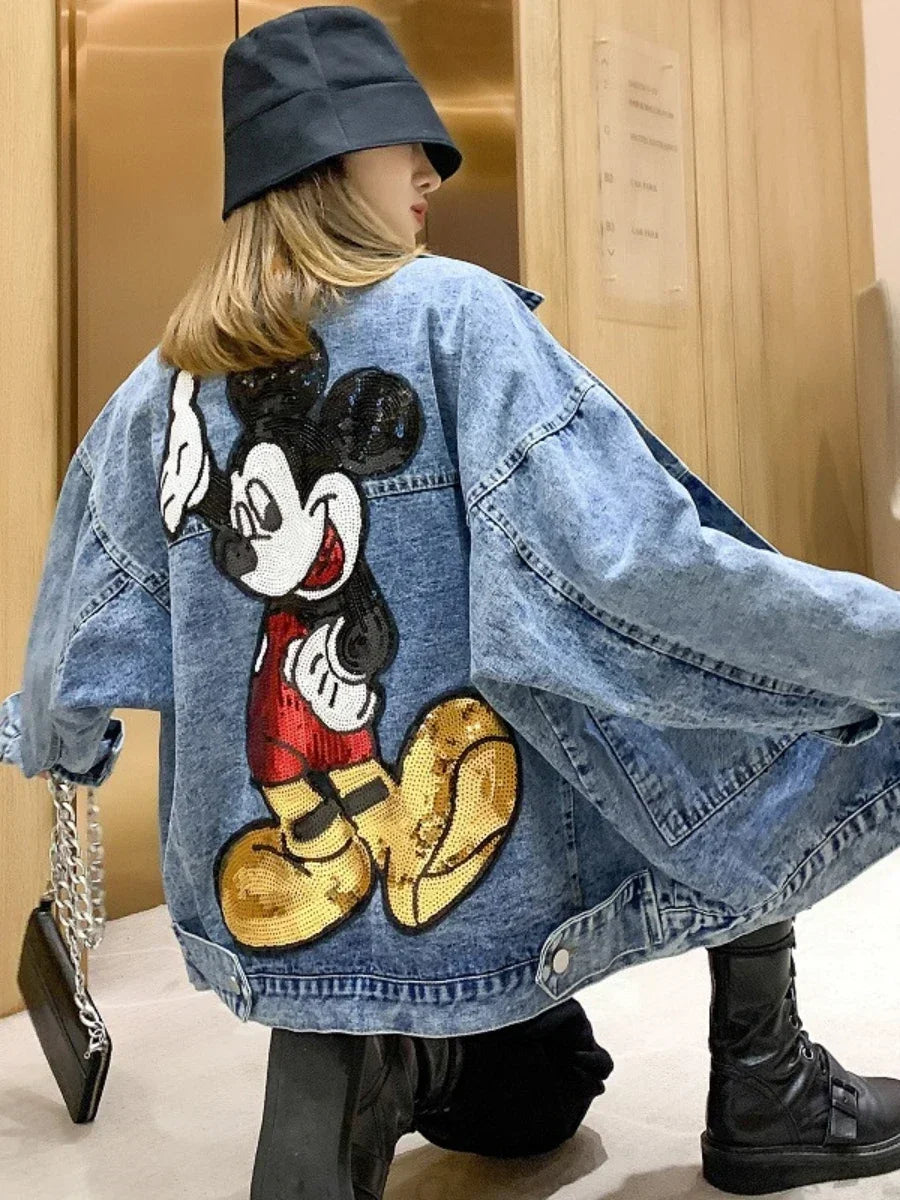 Long Sleeve Embroidered Sequin Cartoon Oversized Denim Jacket