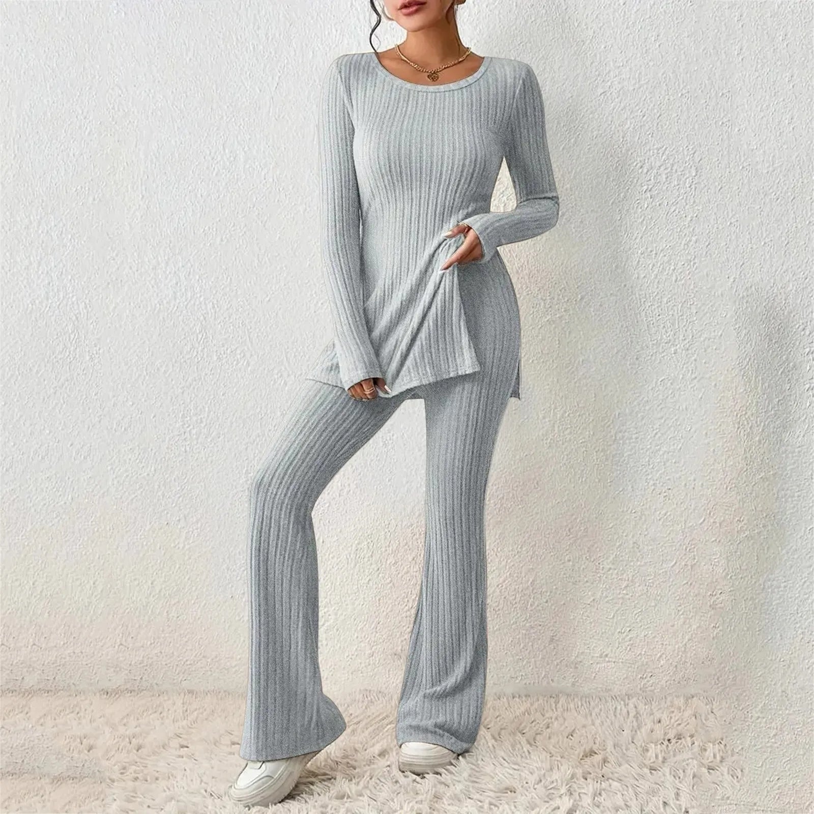 2024 Women's Casual Long Sleeve Split Tops Long Pants Two Piece