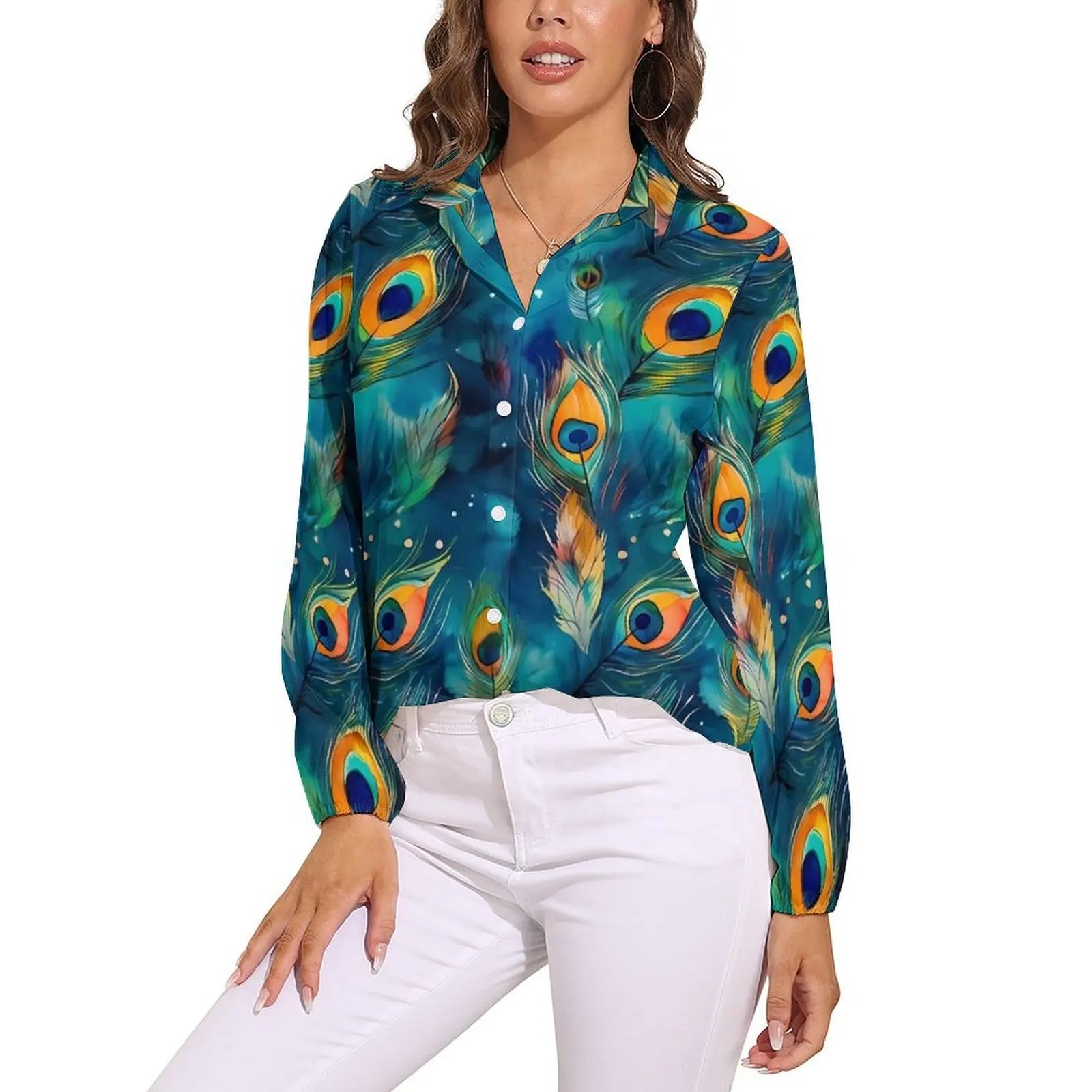 Colorful Peacock Blouse Long Sleeve Green Gold Black Aesthetic Blouses Women Casual Oversize Shirt Custom Clothes Gift