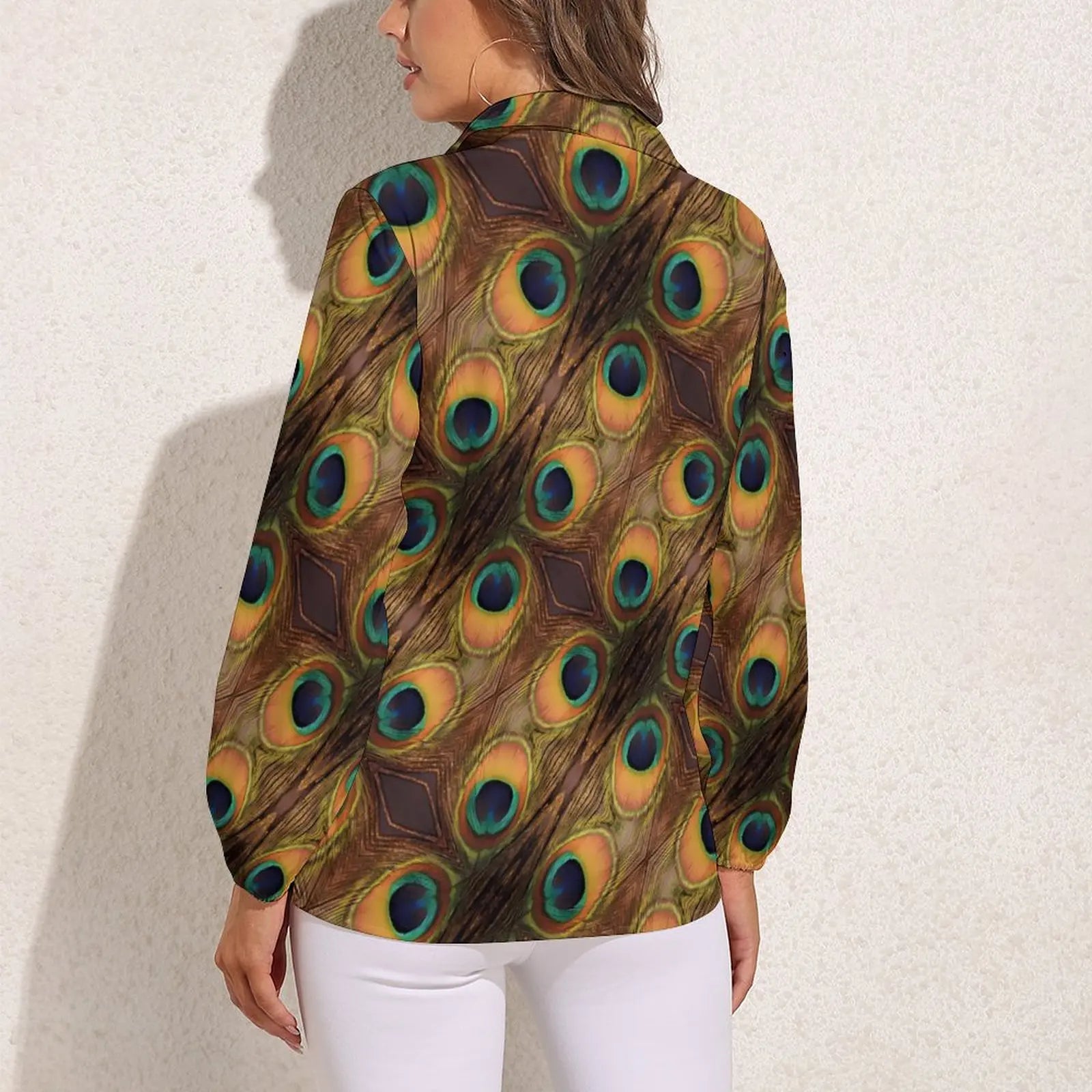 Colorful Peacock Blouse Long Sleeve Green Gold Black Aesthetic Blouses Women Casual Oversize Shirt Custom Clothes Gift