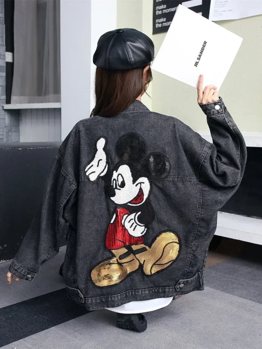 Long Sleeve Embroidered Sequin Cartoon Oversized Denim Jacket