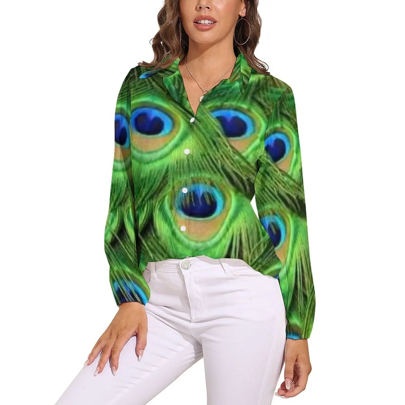 Colorful Peacock Blouse Long Sleeve Green Gold Black Aesthetic Blouses Women Casual Oversize Shirt Custom Clothes Gift