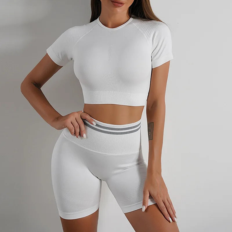 Seamless Yoga Set Short Sleeve Crop Top High waist Shorts