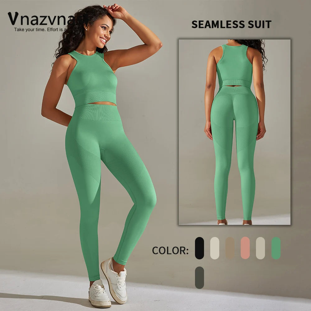 2PC Seamless Yoga Sleeveless Top High Waist Yoga Pants