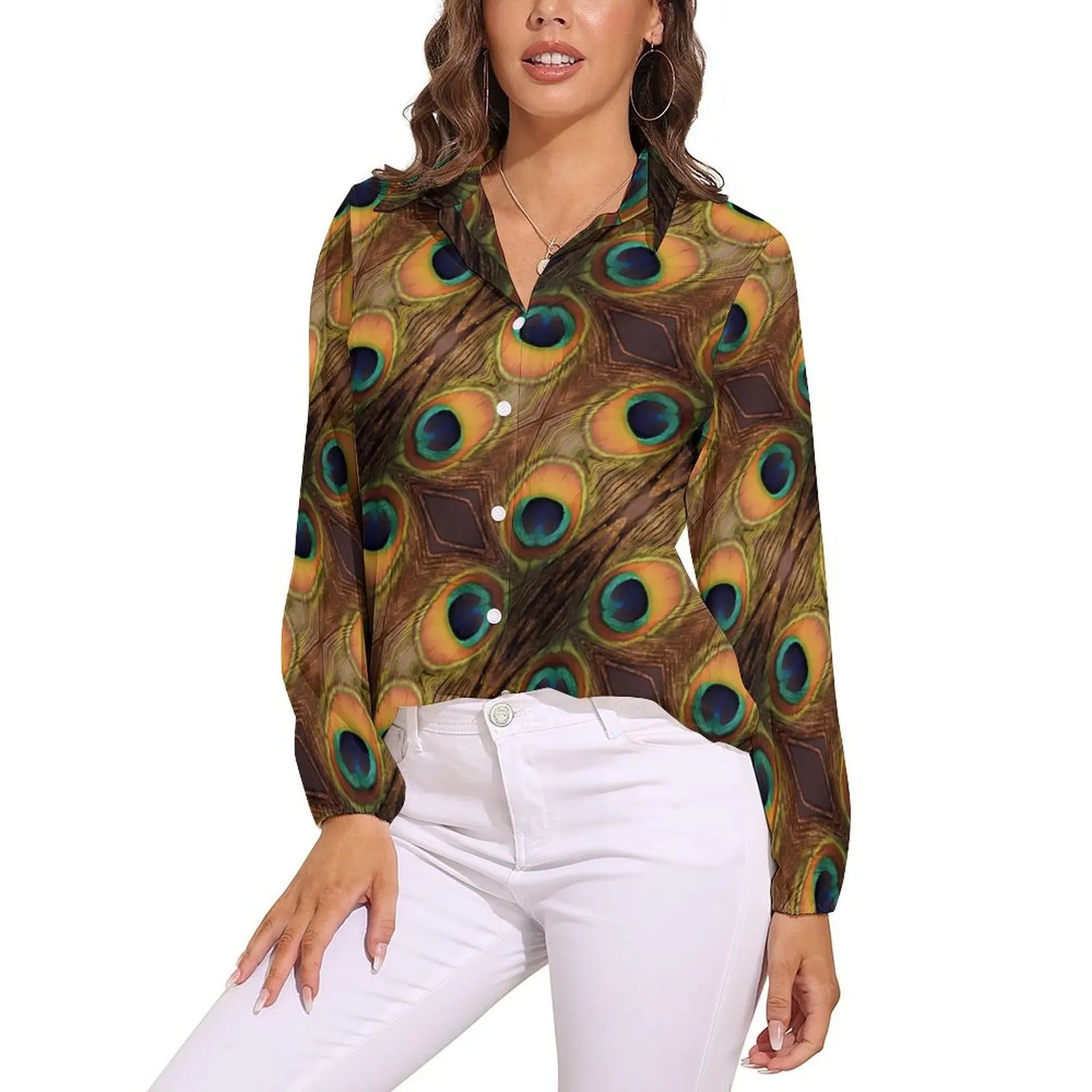 Colorful Peacock Blouse Long Sleeve Green Gold Black Aesthetic Blouses Women Casual Oversize Shirt Custom Clothes Gift