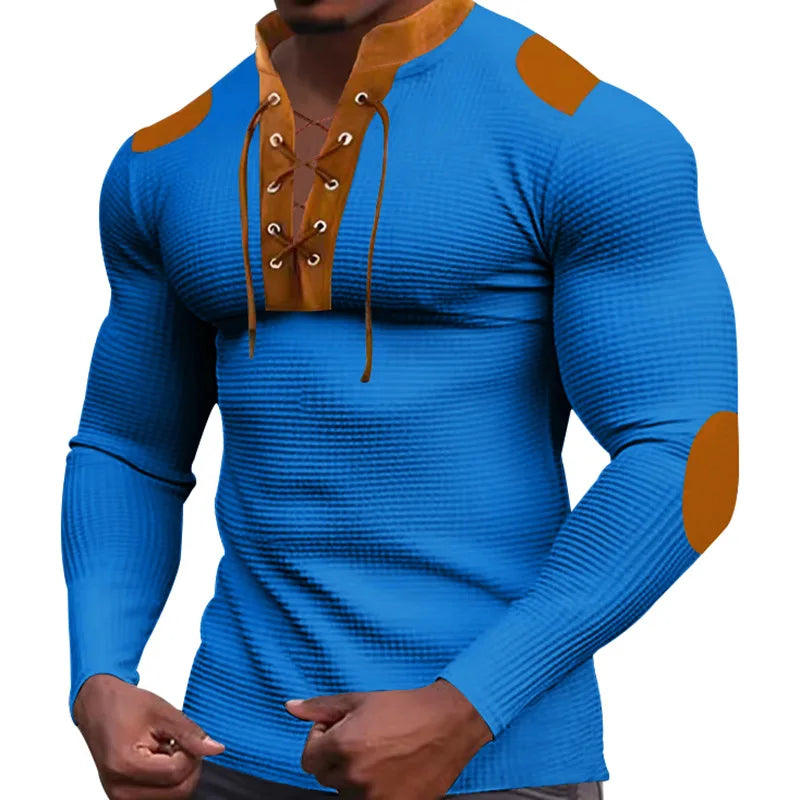 New men's waffle color matching strap V-neck top