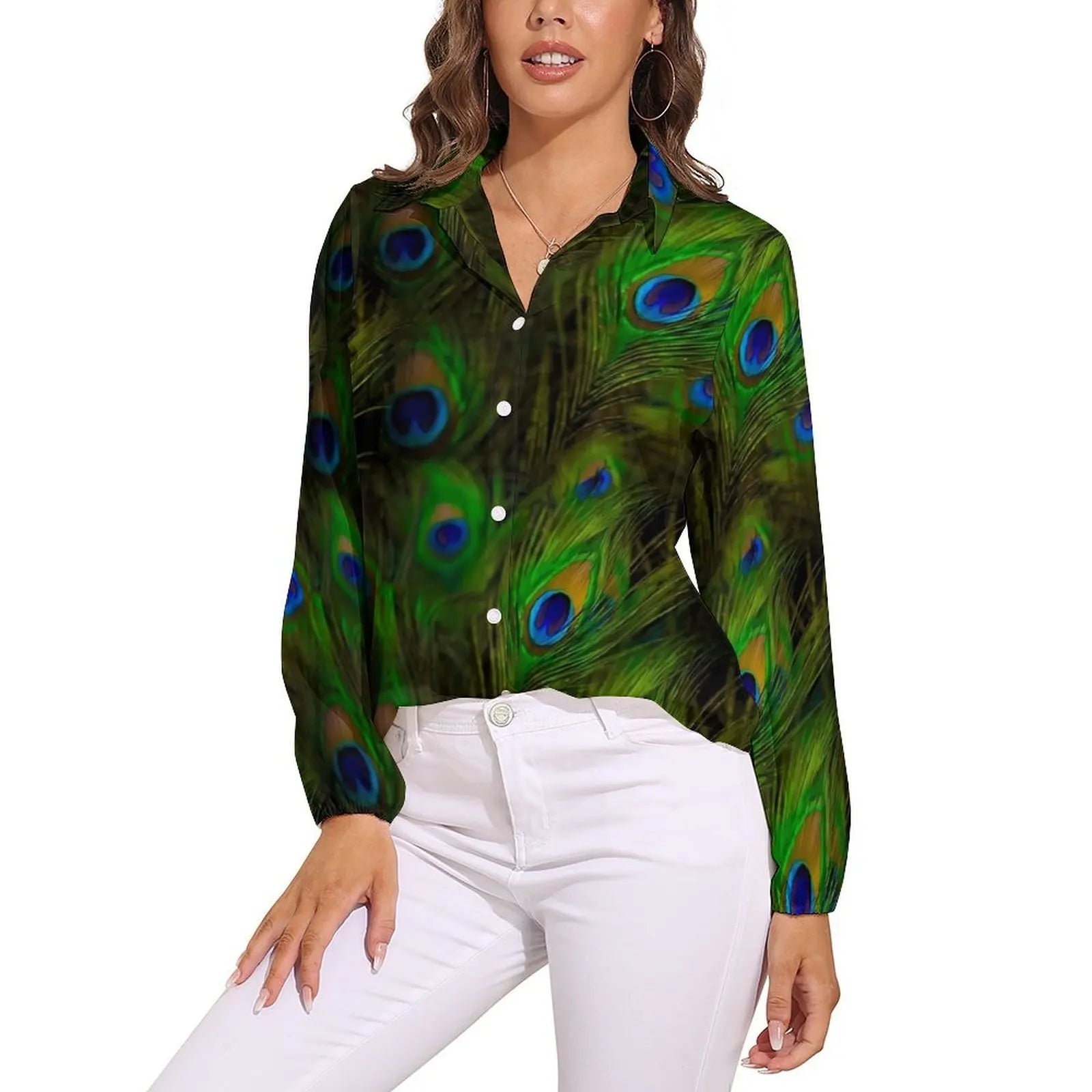 Colorful Peacock Blouse Long Sleeve Green Gold Black Aesthetic Blouses Women Casual Oversize Shirt Custom Clothes Gift