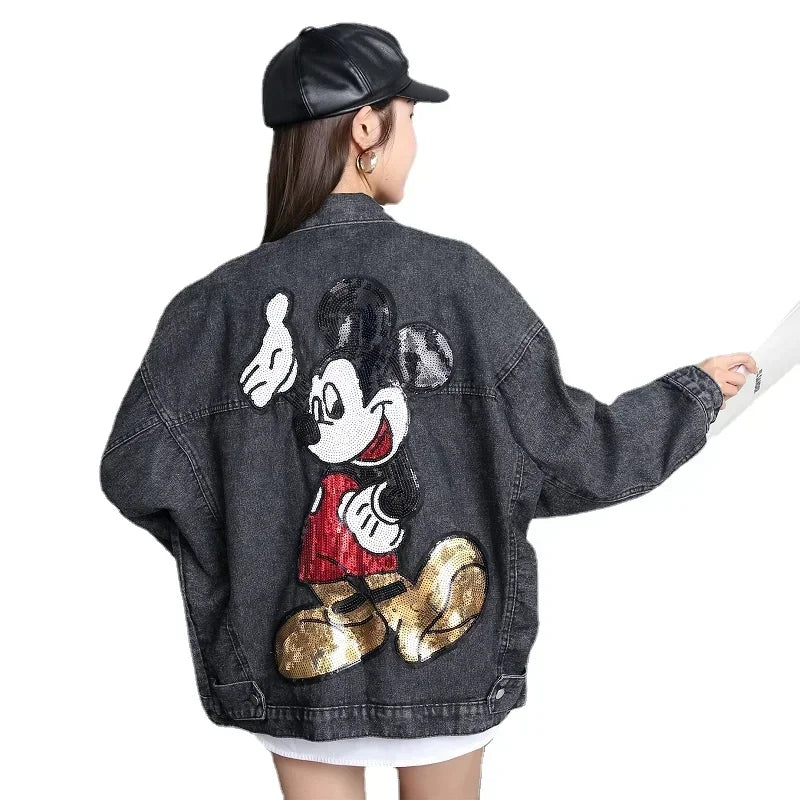 Long Sleeve Embroidered Sequin Cartoon Oversized Denim Jacket