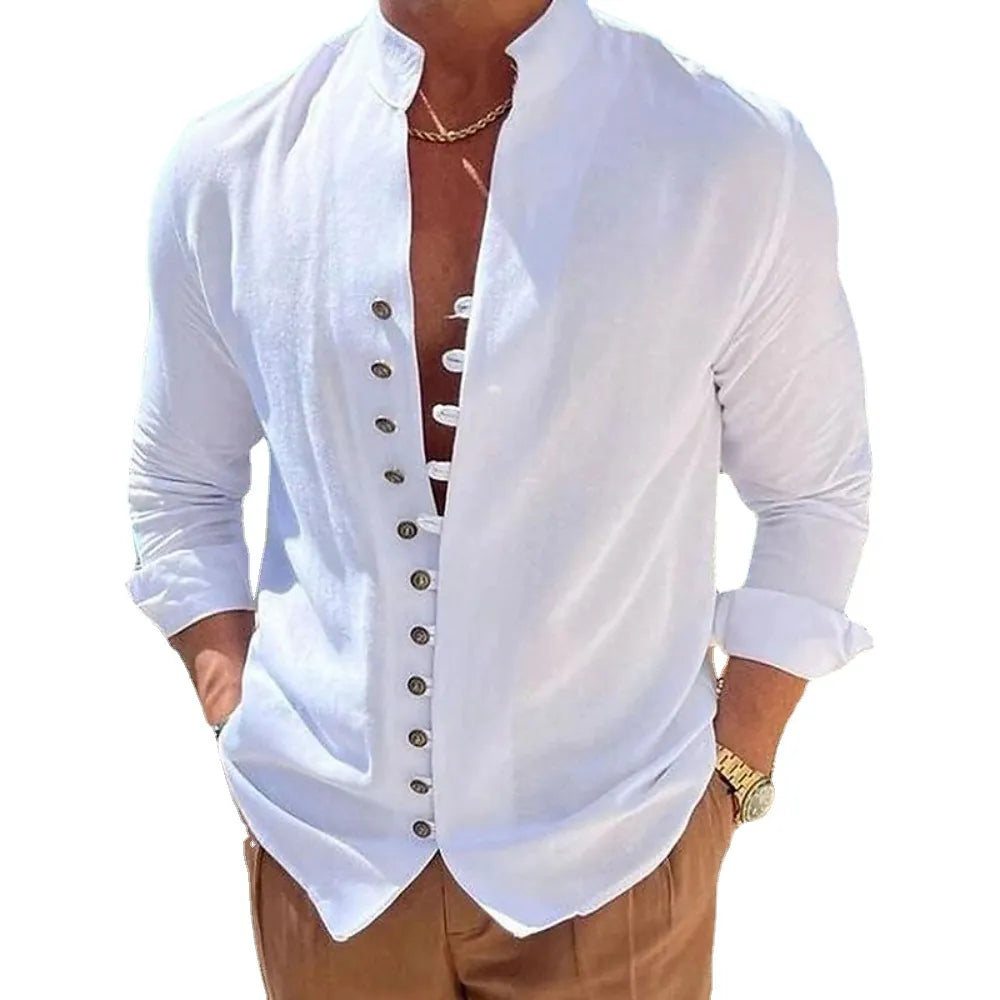 Autumn casual shirt loose Men's Solid Color Long Sleeve Shirt Button down