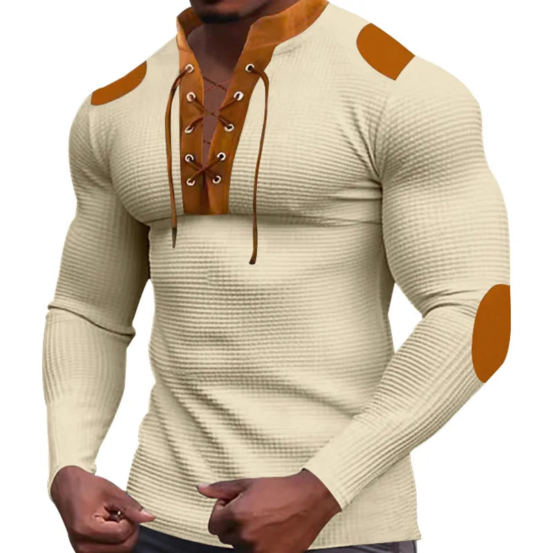 New men's waffle color matching strap V-neck top