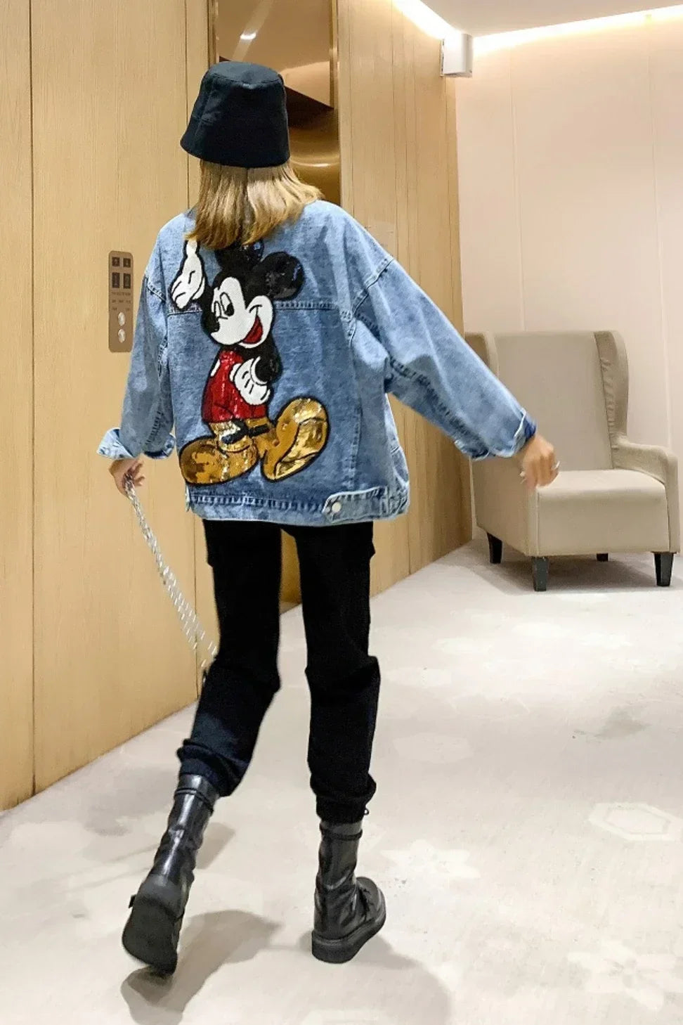 Long Sleeve Embroidered Sequin Cartoon Oversized Denim Jacket