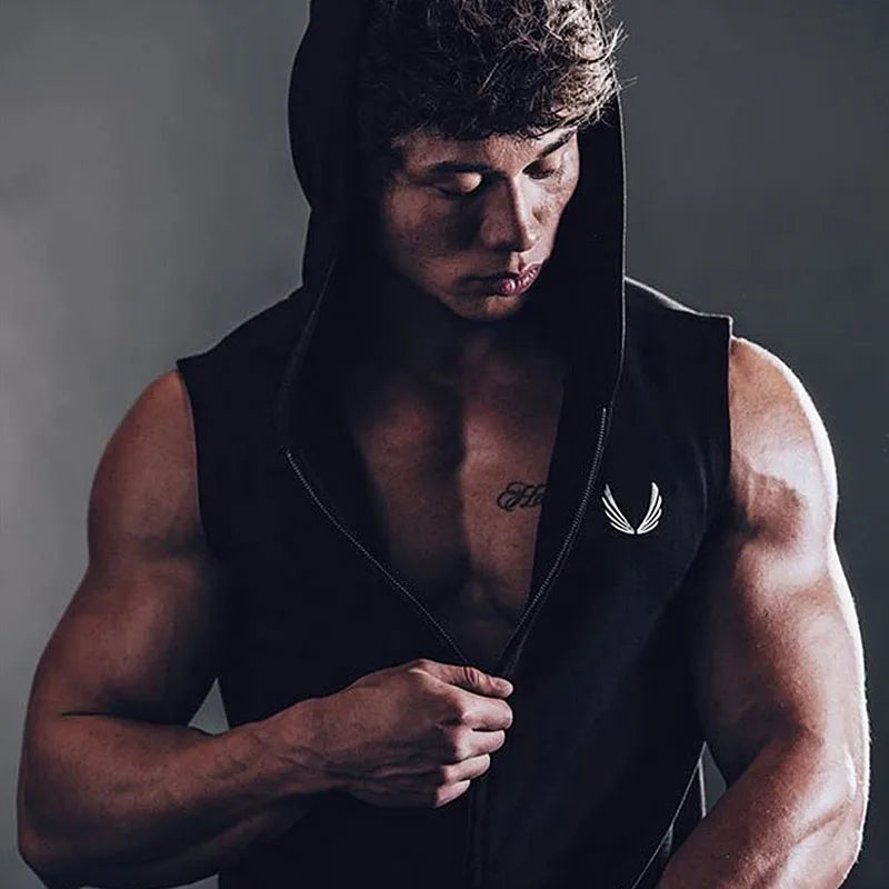 Men's Running Fitness Sleeveless Hooded Sweatshirt