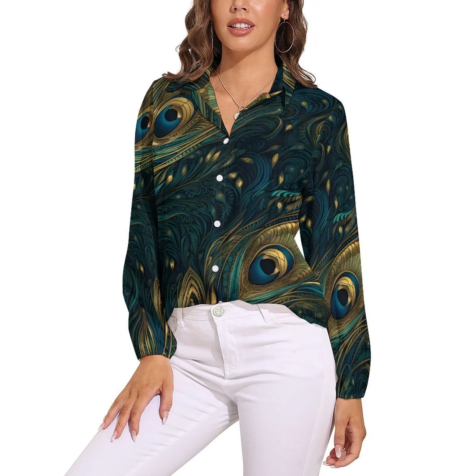 Colorful Peacock Blouse Long Sleeve Green Gold Black Aesthetic Blouses Women Casual Oversize Shirt Custom Clothes Gift