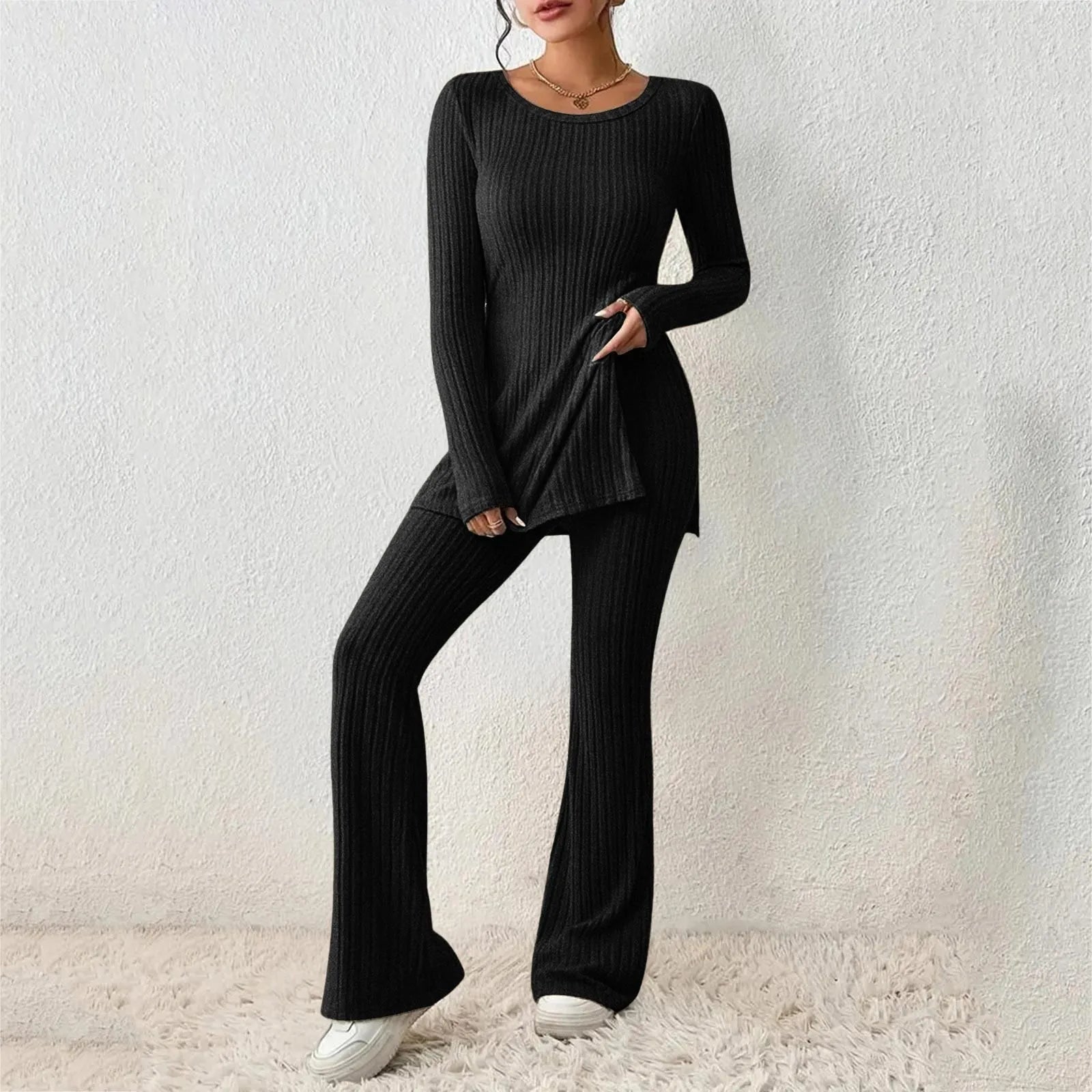 2024 Women's Casual Long Sleeve Split Tops Long Pants Two Piece