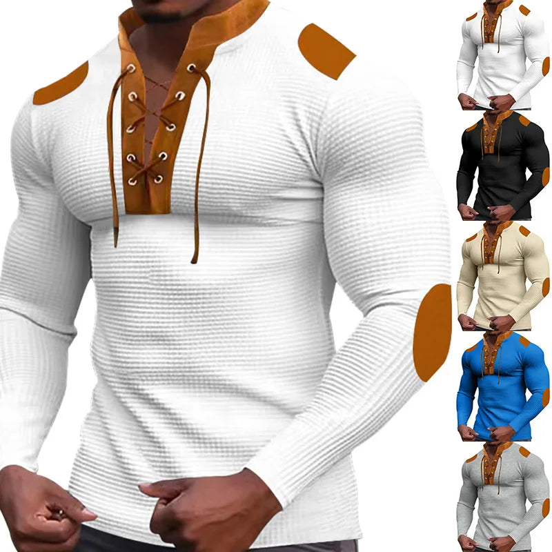 New men's waffle color matching strap V-neck top