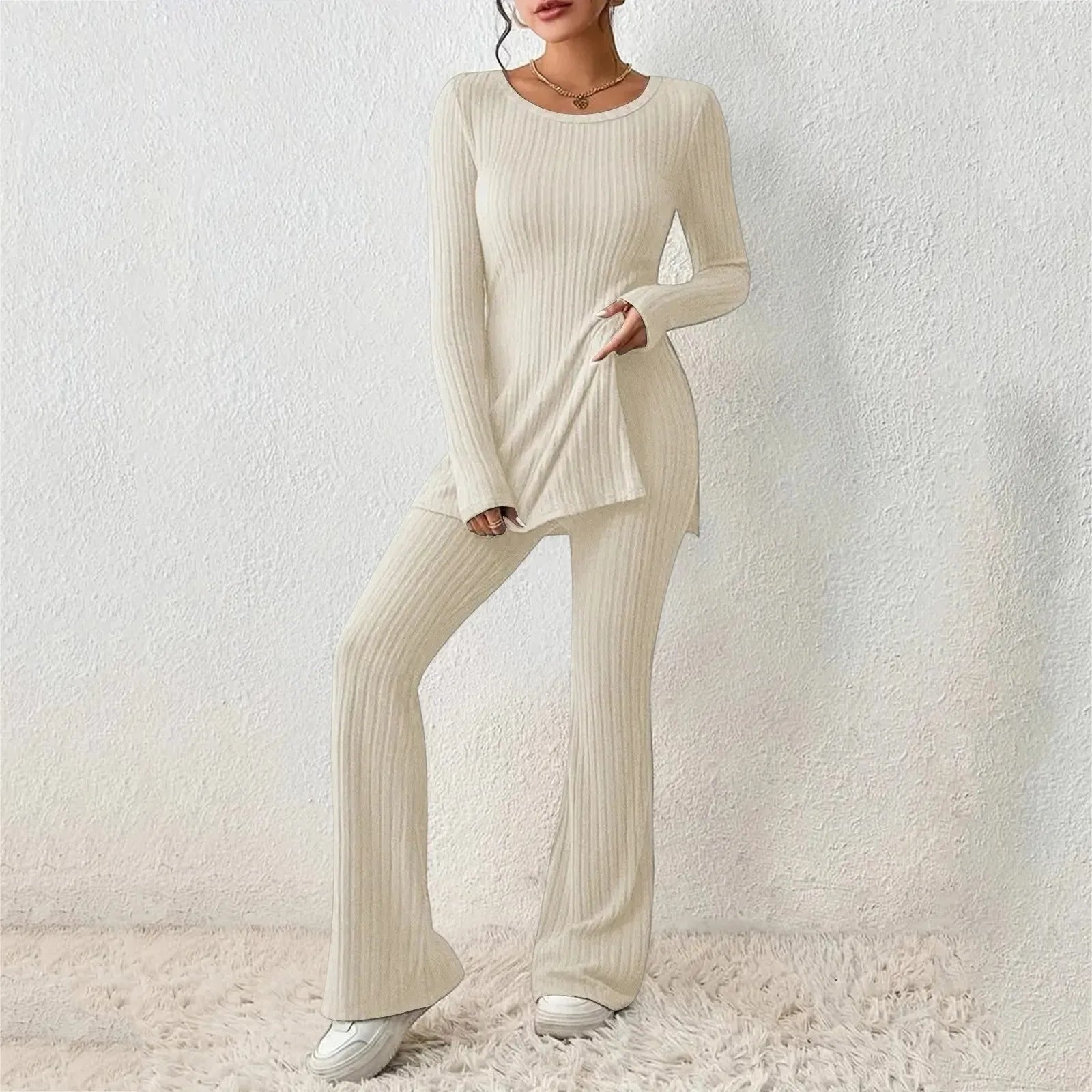 2024 Women's Casual Long Sleeve Split Tops Long Pants Two Piece