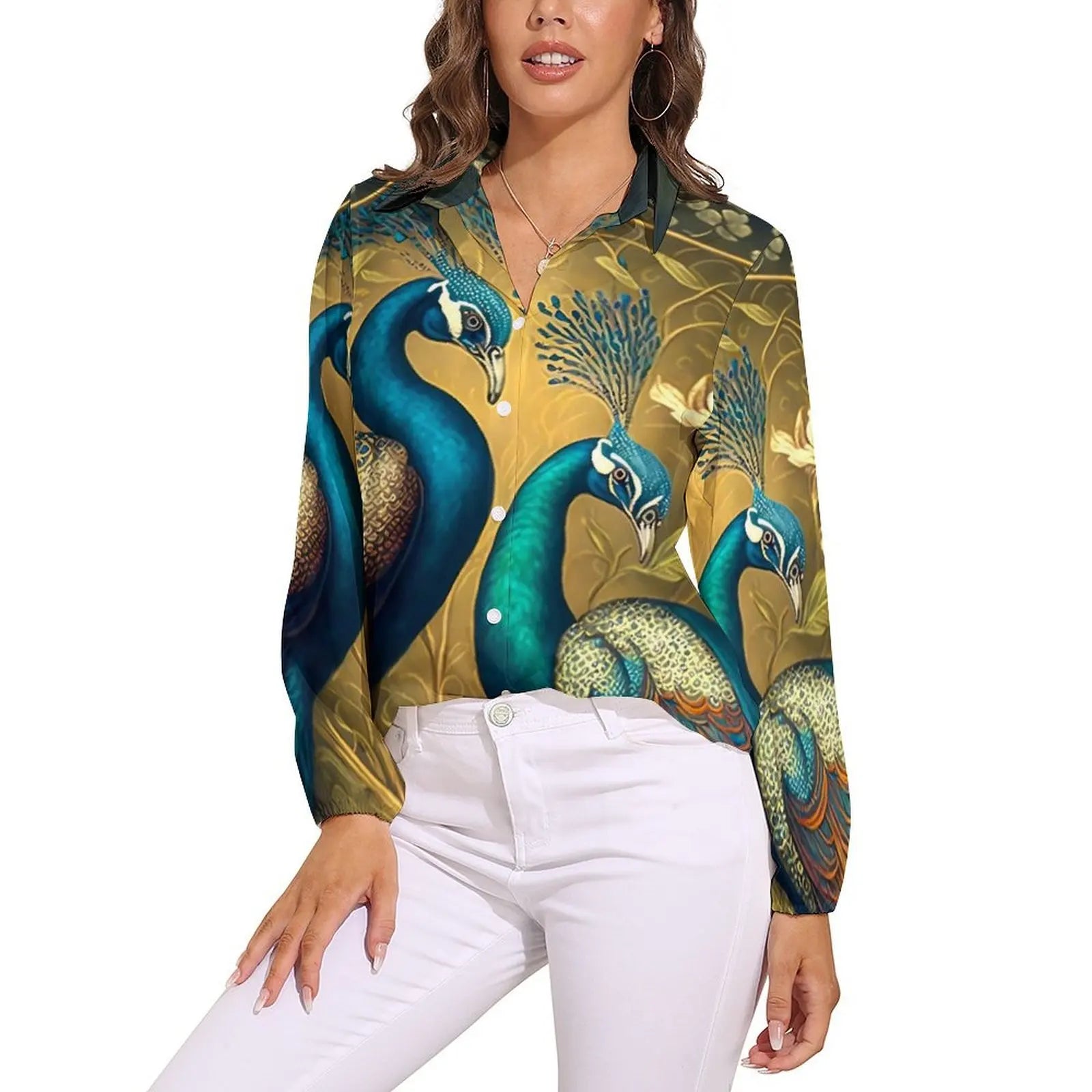 Colorful Peacock Blouse Long Sleeve Green Gold Black Aesthetic Blouses Women Casual Oversize Shirt Custom Clothes Gift